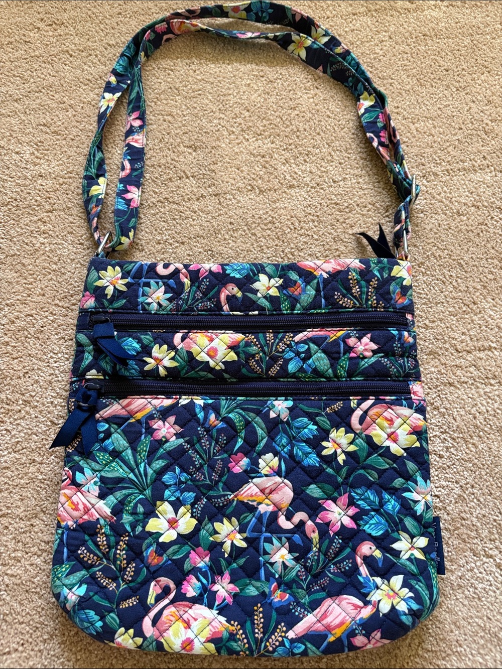 Vera Bradley Triple Zip Floral Flamingo Navy Blue Hipster Crossbody Bag